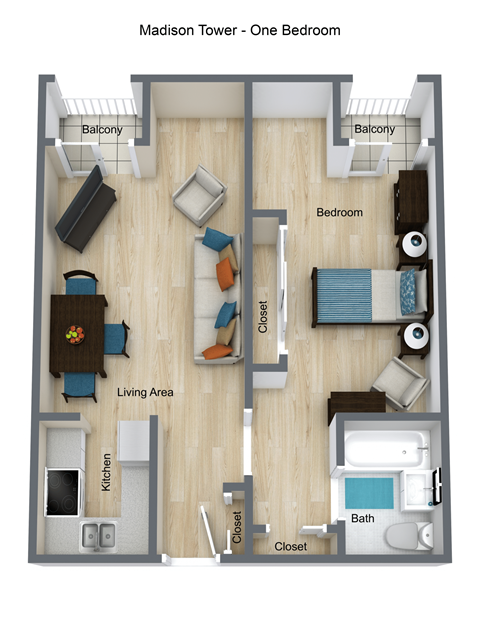 Floor plan for 1 bed, 1 bath, 744 sqft